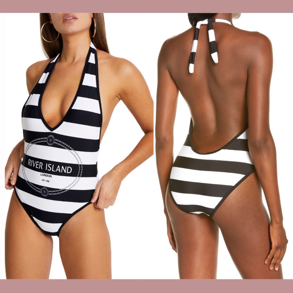 NEW River Island [ 10‎ US ] Halter Stripe Logo One-Piece Swimsuit in Black